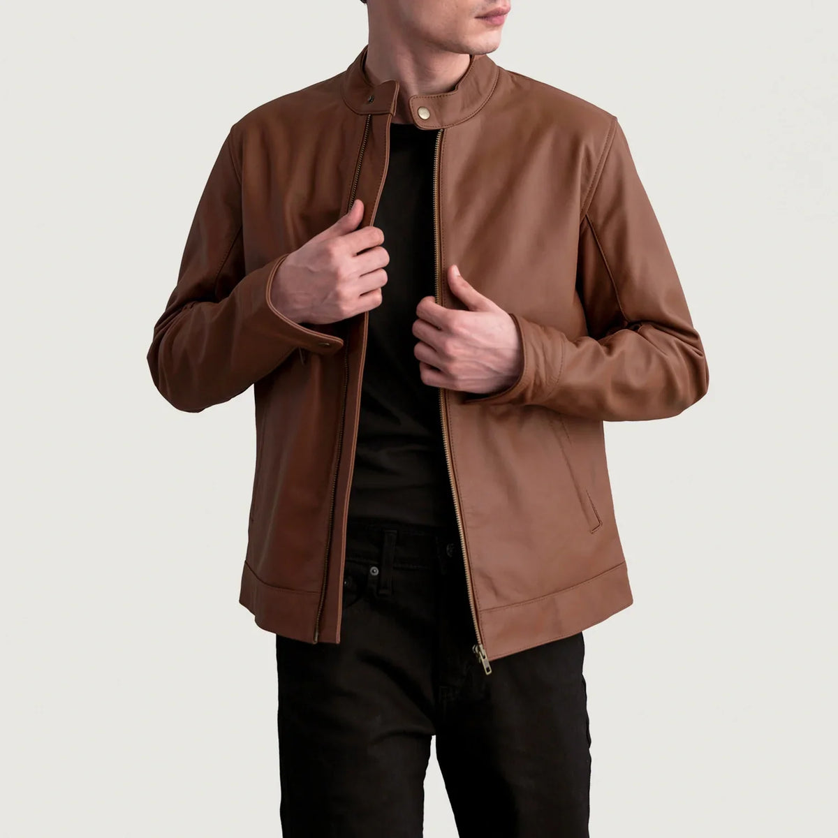 
Zen Matte Kafe Xhaketë Motociklisti Lëkure për Meshkuj in Matte Brown Cowhide Leather - Pamje ballore dhe siluetë e përshtatur | Bli online