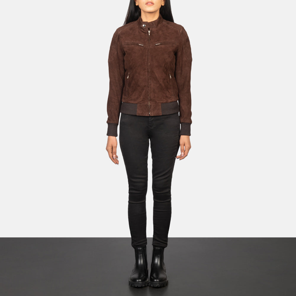 
Zenna Mocha Suede Bomber Jacket - Pamje anësore me prerje ergonomike të mëngëve