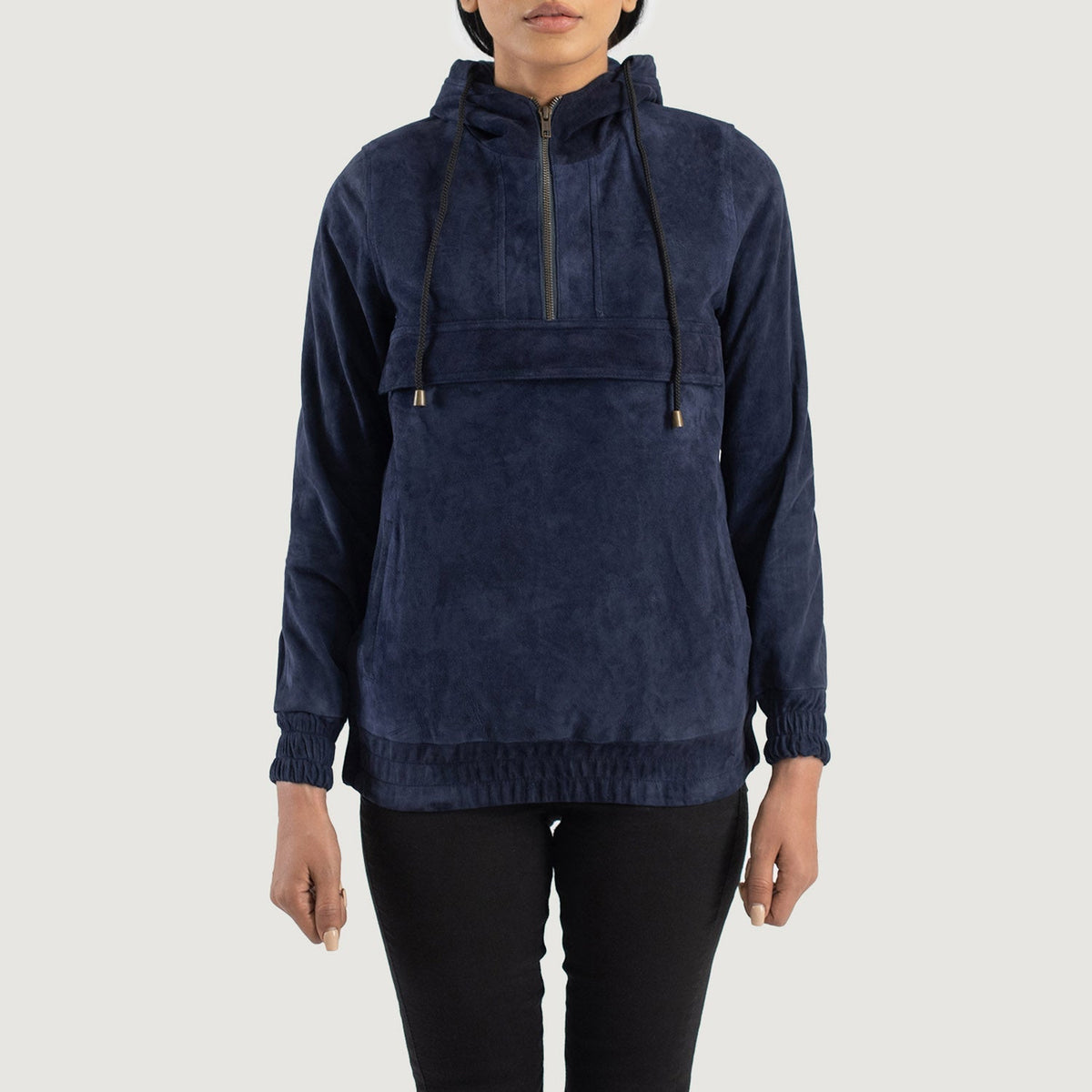 Zest Blue Hooded Suede Pullover Jacket in Blue Sheepskin Suede - Front Profile View &amp; Tailored Silhouette | Buy Online